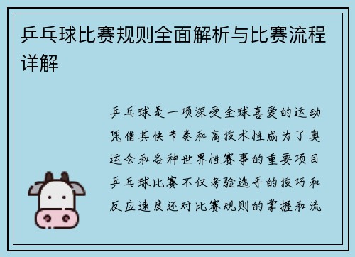 乒乓球比赛规则全面解析与比赛流程详解