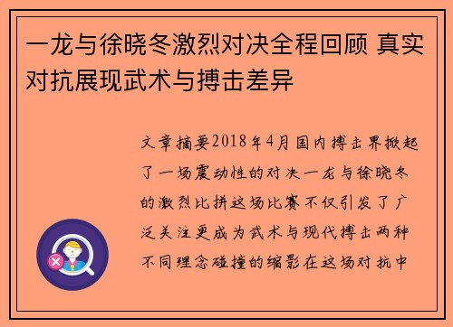 一龙与徐晓冬激烈对决全程回顾 真实对抗展现武术与搏击差异
