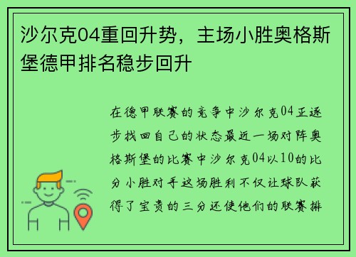 沙尔克04重回升势，主场小胜奥格斯堡德甲排名稳步回升